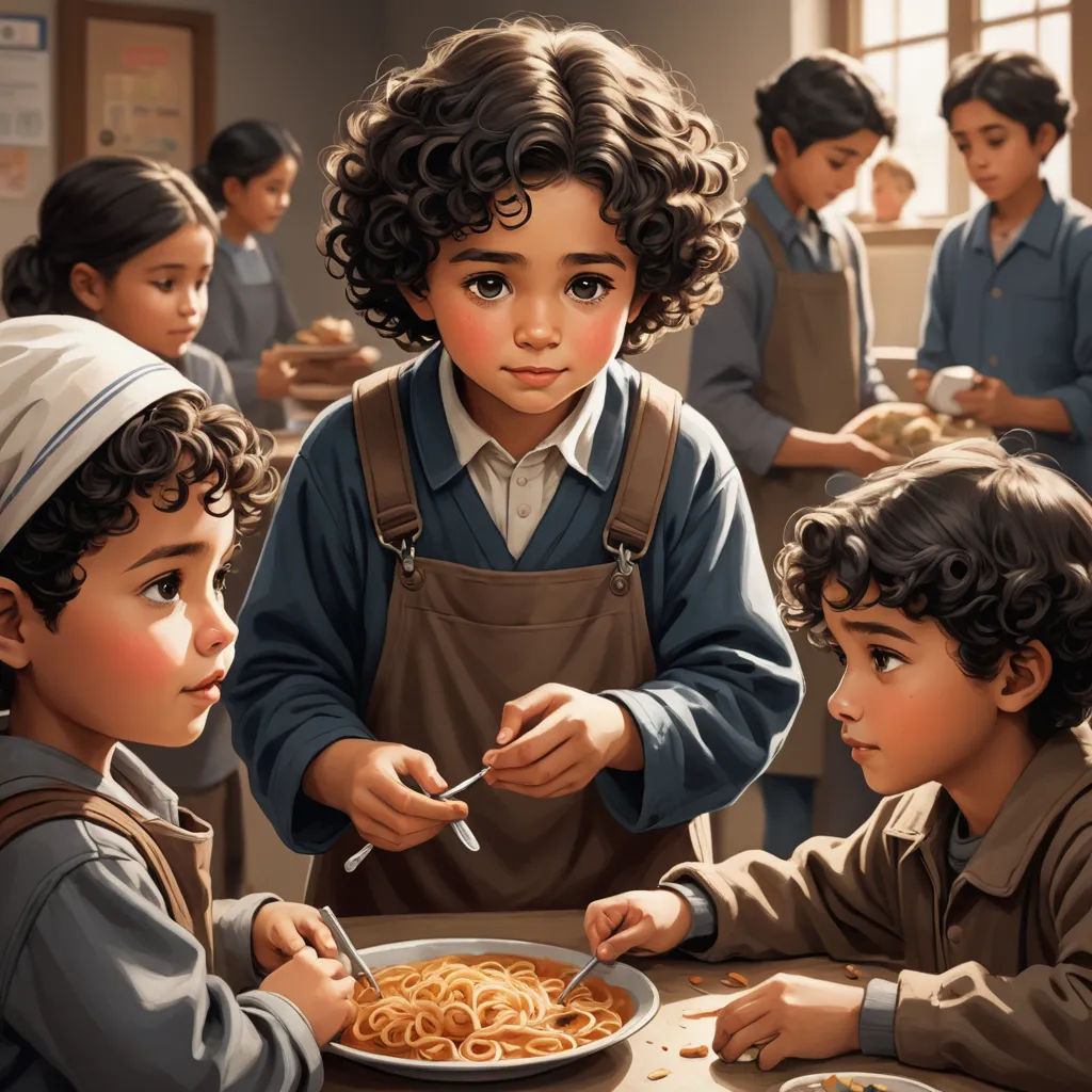 a painting of a group of children eating food together at a table with a teacher in the background looking on, serial art, a detailed painting, Alejandro Burdisio, official art