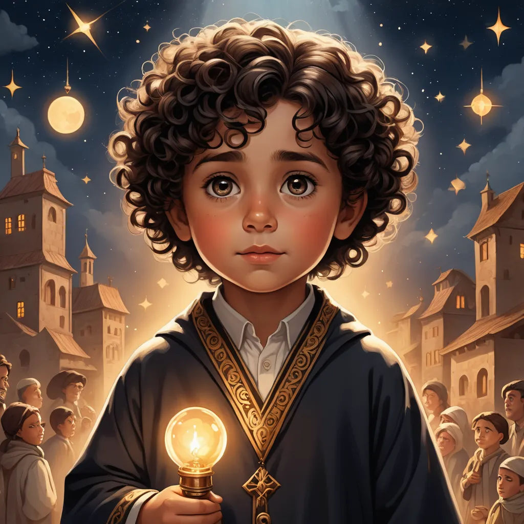 a painting of a young boy holding a light bulb in his hand and a crowd of people in the background, fantasy art, a storybook illustration, Alejandro Burdisio, stanley artgerm lau
