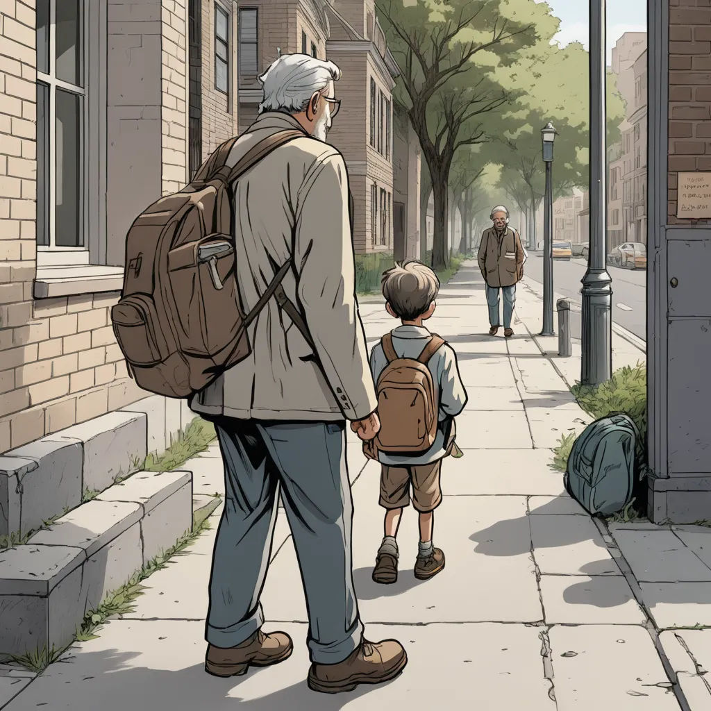 a man and a boy walking down a sidewalk with a backpack on their back and a backpack on their shoulder, context art, a comic book panel, Asaf Hanuka, graphic novel