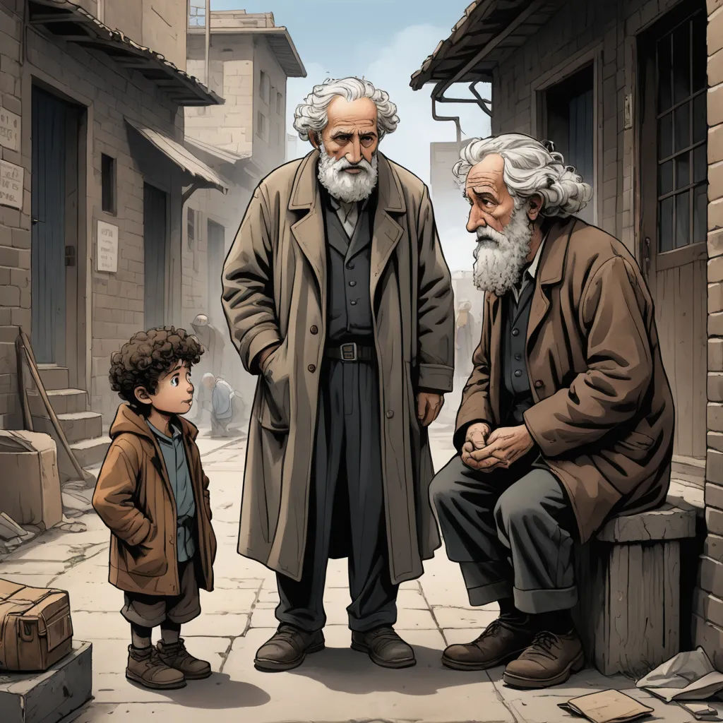 a painting of a man and two men standing next to a boy on a street corner with a building in the background, classical realism, a storybook illustration, Brothers Hildebrandt, official art