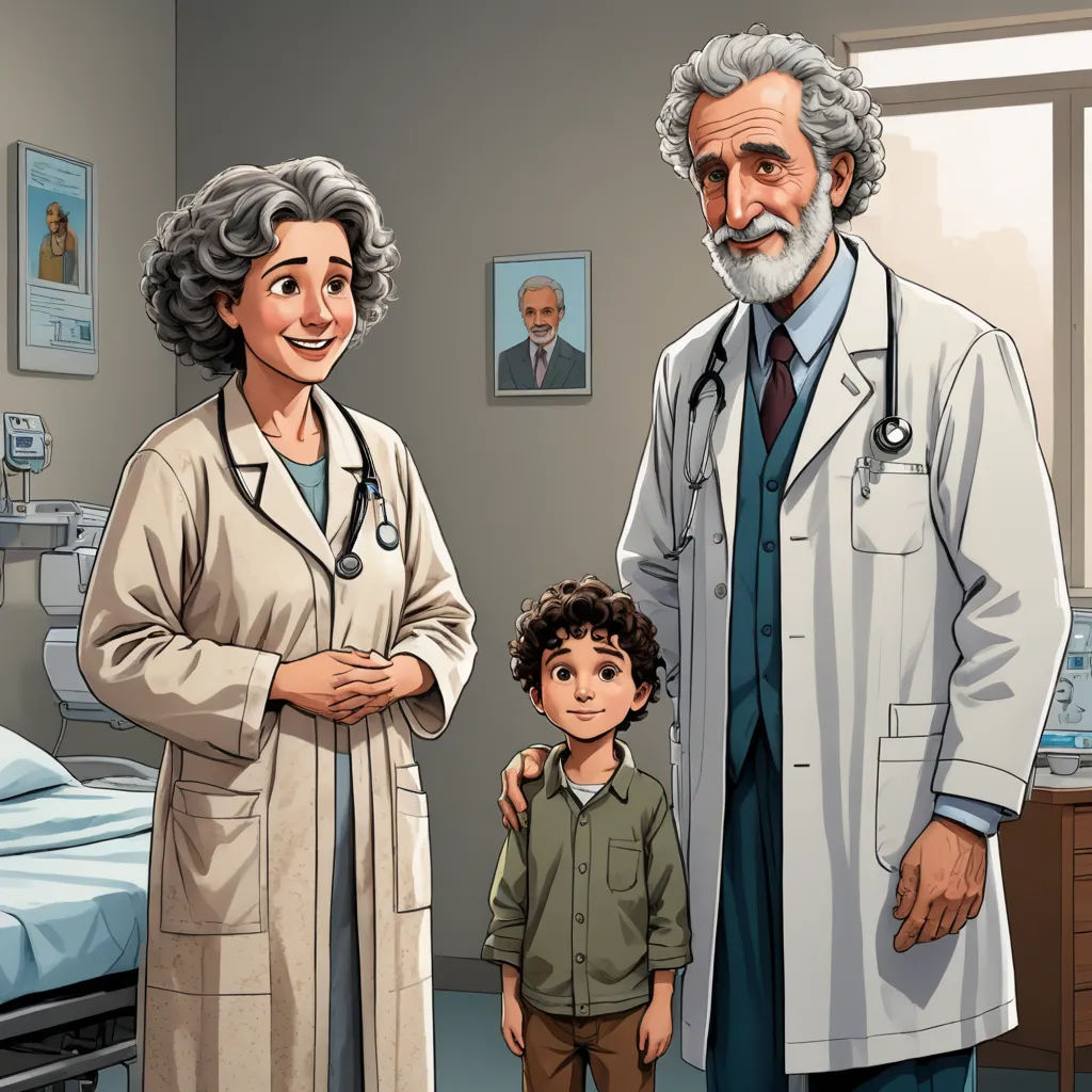 a cartoon of a doctor and a child in a hospital room with a doctor's coat on and a doctor standing next to them, sots art, a storybook illustration, F Scott Hess, official art