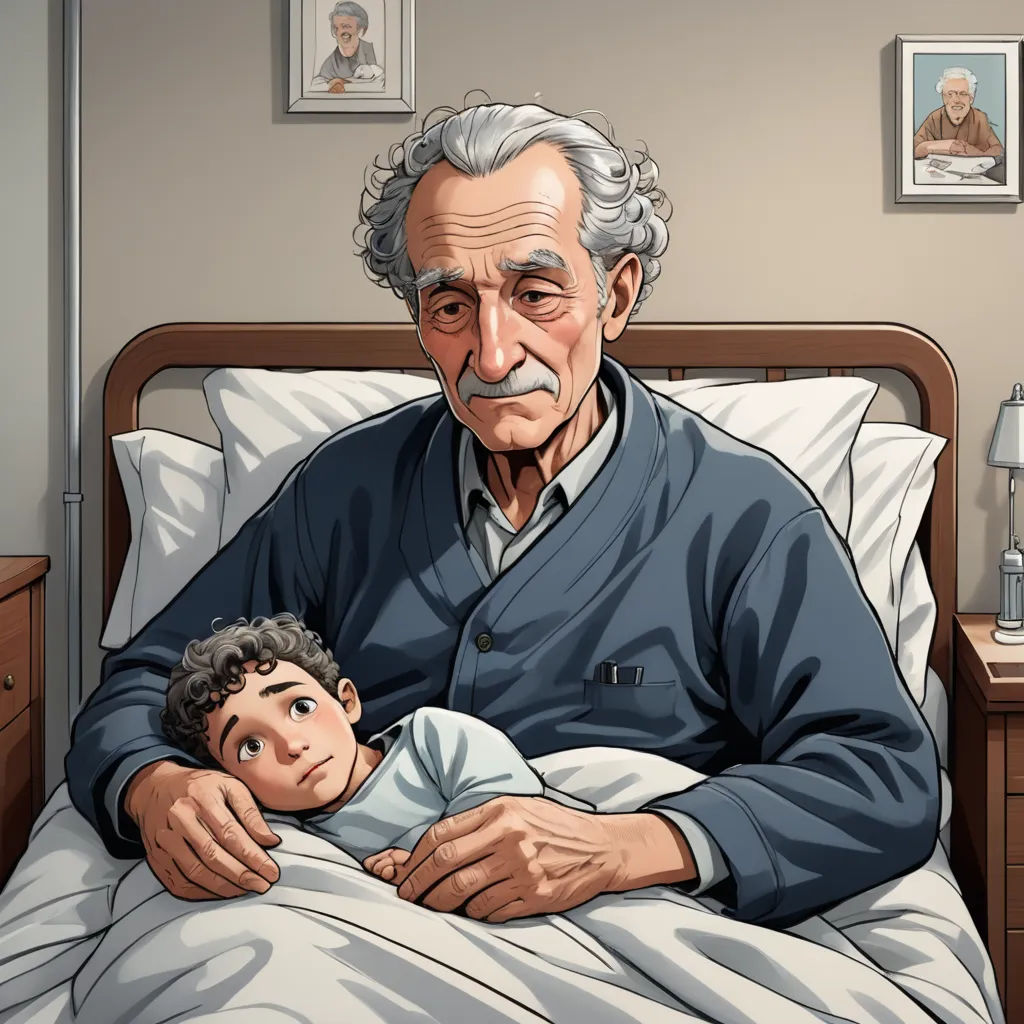 a man holding a small child in a bed with a picture of him on the wall behind him and a picture of him on the wall, sots art, a storybook illustration, Diego Gisbert Llorens, trending on art station