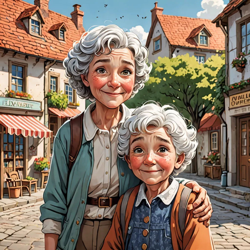 a painting of a woman and a child in front of a building with a bird flying overhead and a bird flying overhead, fantastic realism, a storybook illustration, Brothers Hildebrandt, storybook illustration