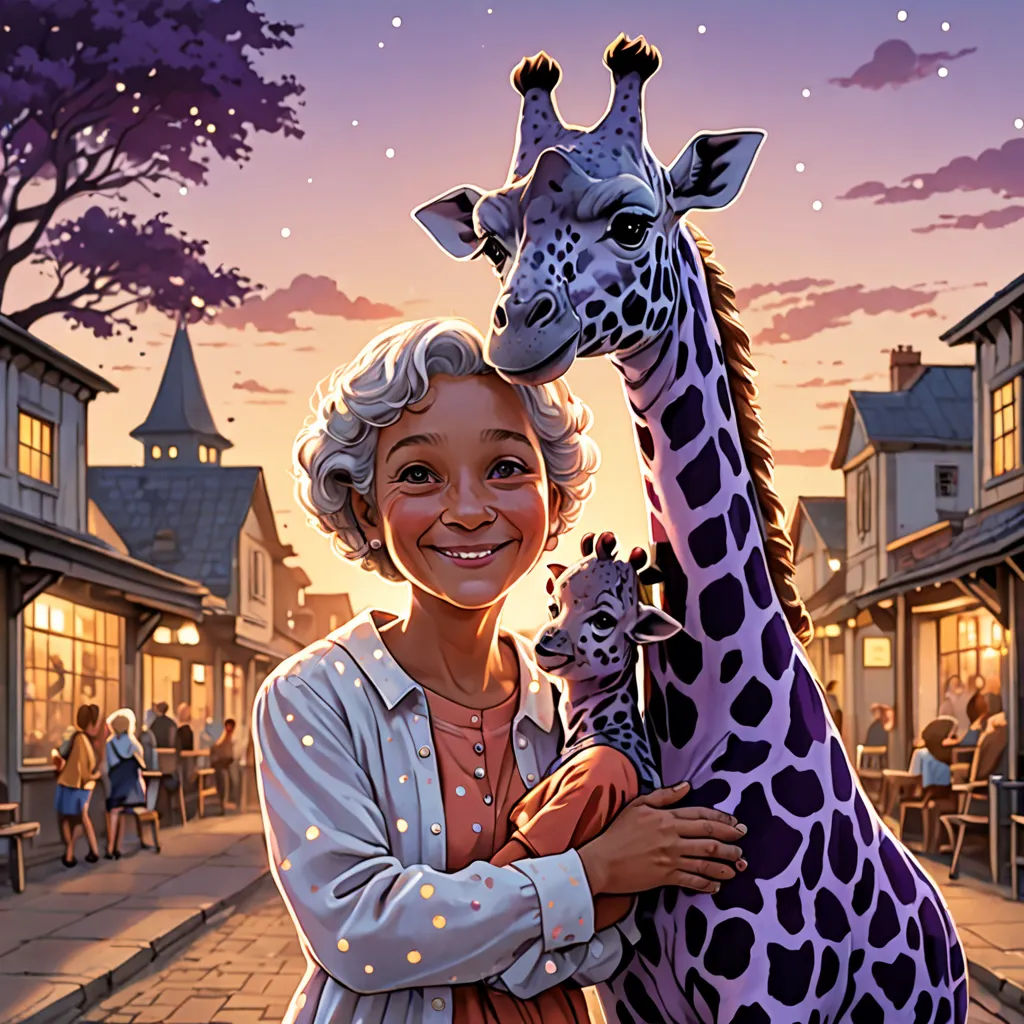 a woman holding a giraffe in front of a building at sunset with a sky background and people sitting at tables, magical realism, a storybook illustration, Chris LaBrooy, kinkade