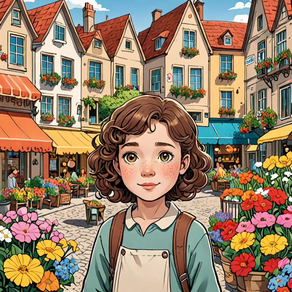 a girl standing in front of a flower shop with flowers in front of her and a street with buildings, magical realism, a storybook illustration, Claire Falkenstein, comic cover art