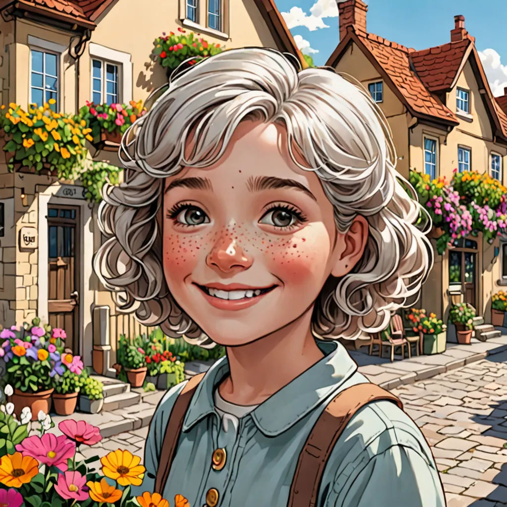 a cartoon of a girl with flowers in front of a house and a street with flowers in the foreground, fantasy art, a storybook illustration, Claire Falkenstein, trending on art station