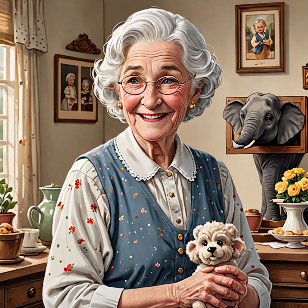 a painting of a woman holding a teddy bear in her hands and smiling at the camera, with a picture of an elephant in the background, american scene painting, a character portrait<error>