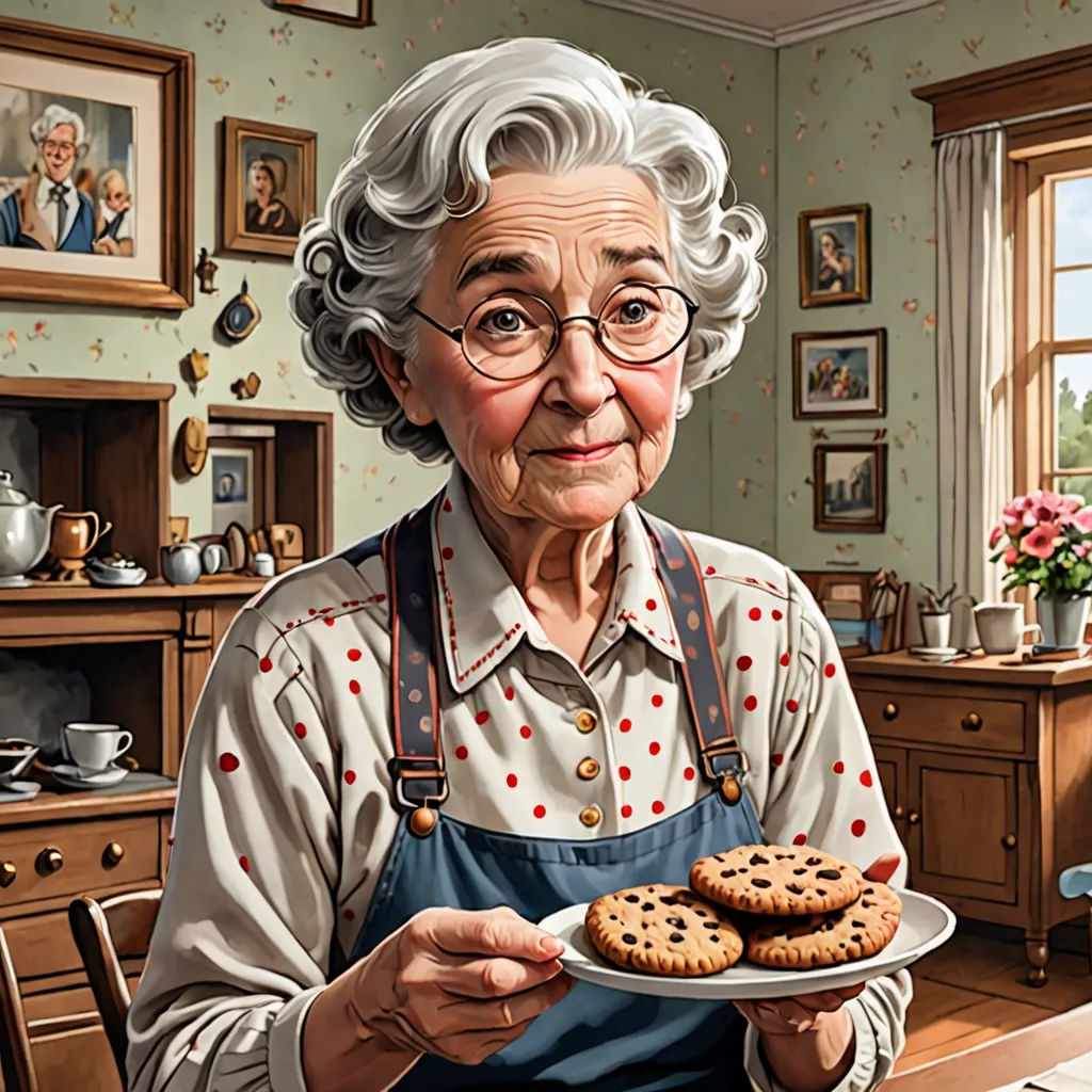 a painting of a woman holding a plate of cookies in a kitchen with a table and chairs in the background, american realism, a photorealistic painting, Bob Byerley, highly detailed digital painting