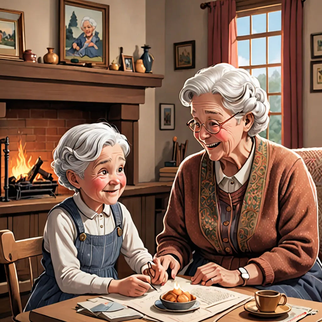 a painting of an elderly woman and child eating food at a table in front of a fireplace with a lit fireplace, american scene painting, a storybook illustration, Bob Byerley, storybook illustration
