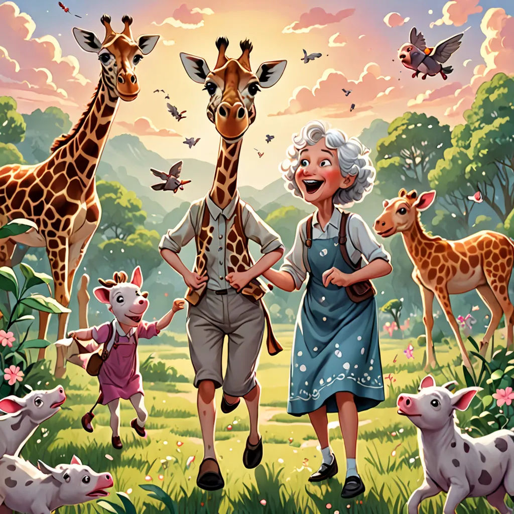 a painting of a man and woman with animals in a field with a sunset in the background and a giraffe and a dog, pop surrealism, a storybook illustration, Chris LaBrooy, storybook illustration