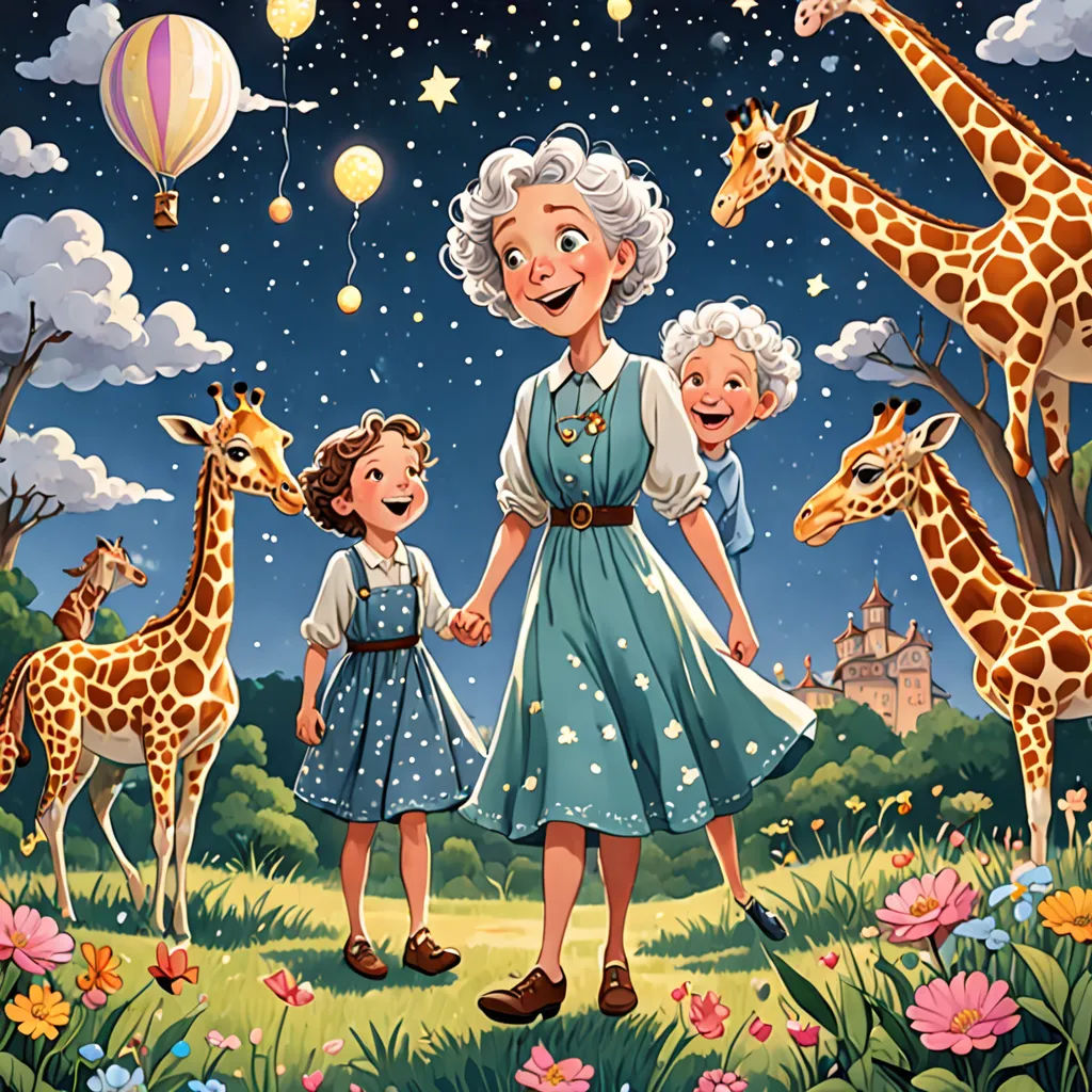 a woman and two children are standing in a field with giraffes and balloons in the sky, magical realism, a storybook illustration, Anne Said, storybook illustration