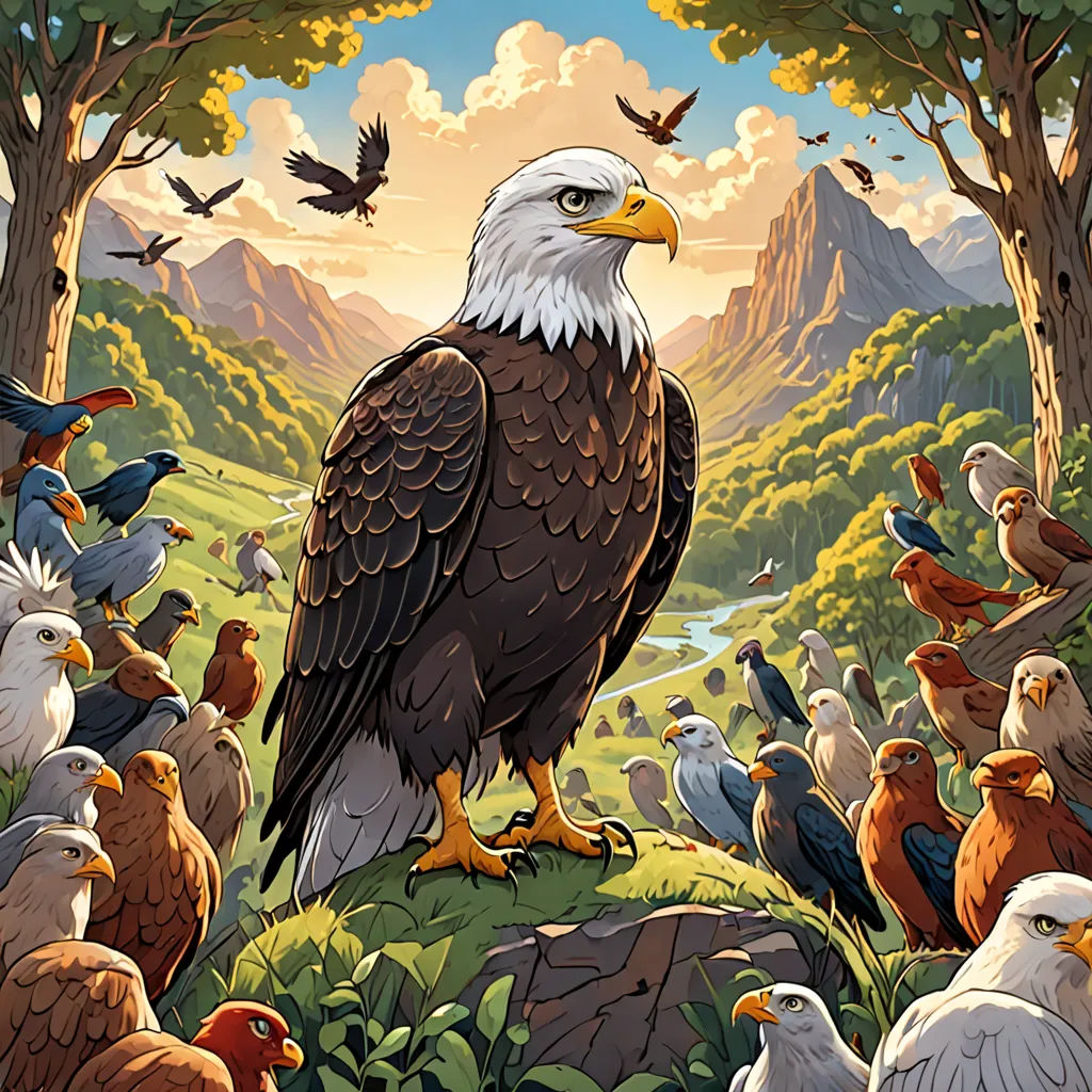 a painting of a bald eagle surrounded by birds of prey in a mountainous area with a mountain range in the background, american scene painting, an album cover, Chris LaBrooy, highly detailed digital art