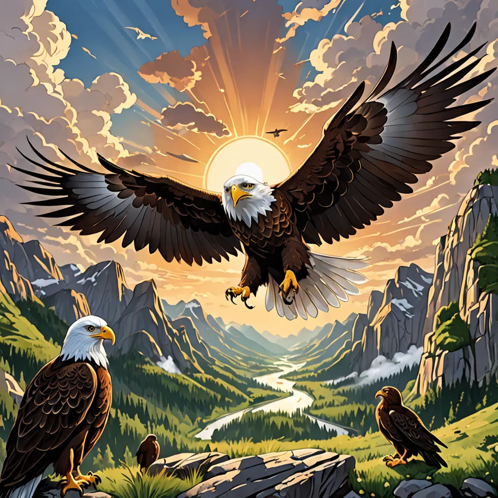 a painting of two bald eagles flying over a mountain range with a sunset in the background and a river running through the valley, american scene painting, an airbrush painting, Dan Mumford, highly detailed digital art