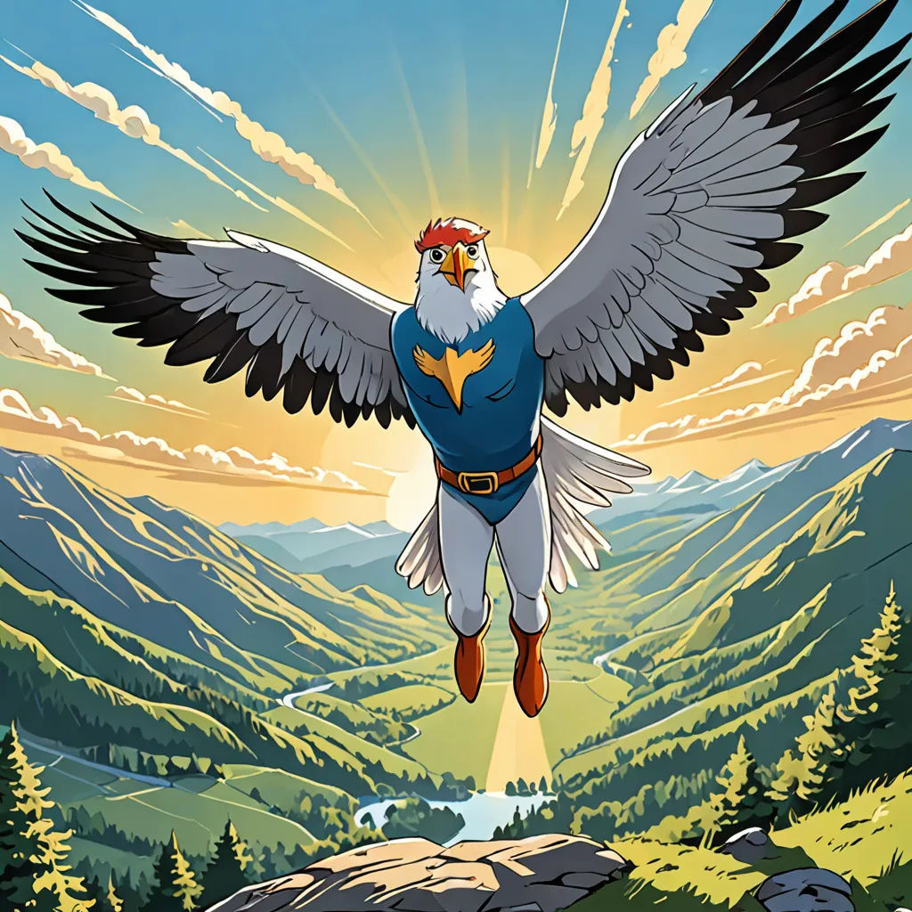 a bird with a crown flying over a mountain range with a sunset in the background and clouds in the sky, lyco art, a comic book panel, Chris LaBrooy, official art