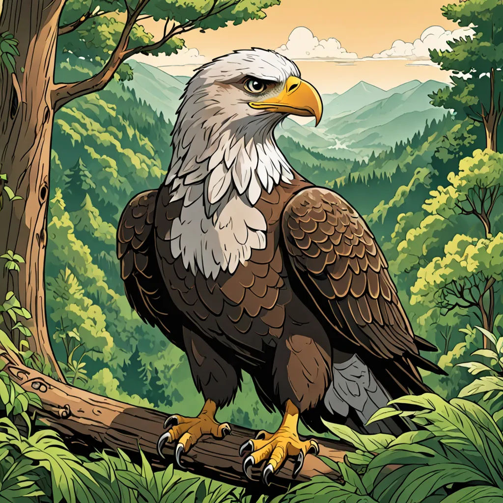 a bald eagle sitting on a tree branch in a forest with mountains in the background and a sunset in the distance, environmental art, a character portrait, Dan Mumford, josan gonzales and dan mumford
