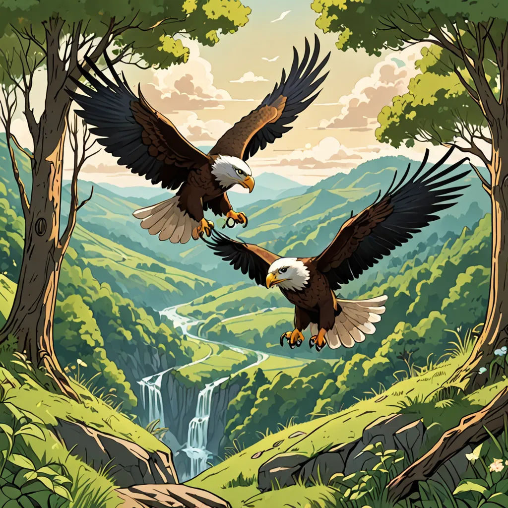 two bald eagles flying over a lush green forest filled with trees and a waterfall in the distance with a waterfall in the background, american scene painting, a storybook illustration, Dan Mumford, josan gonzales and dan mumford