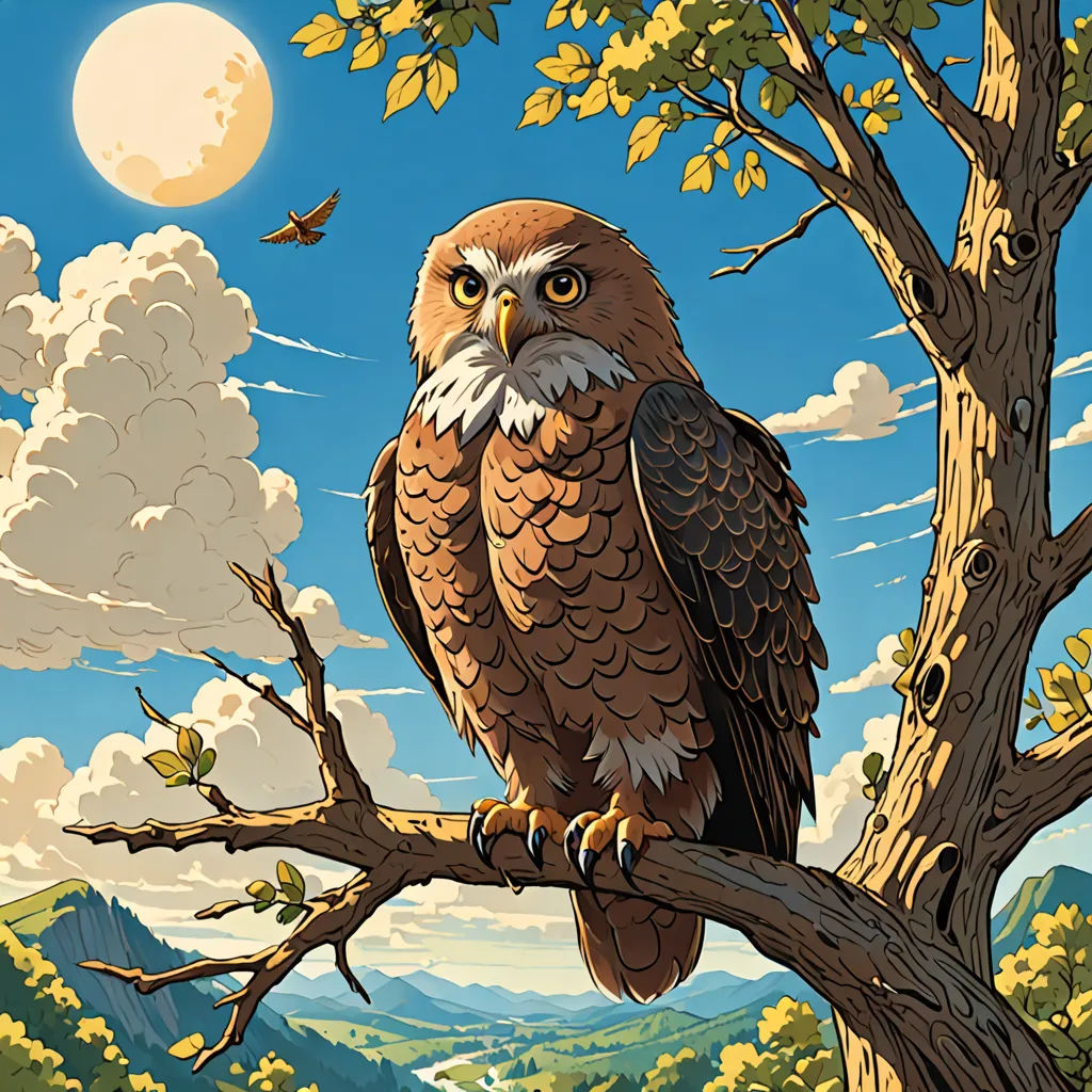 a painting of an owl perched on a tree branch with a full moon in the background and a bird flying over the tree, fantasy art, a storybook illustration, Chris LaBrooy, josan gonzales and dan mumford