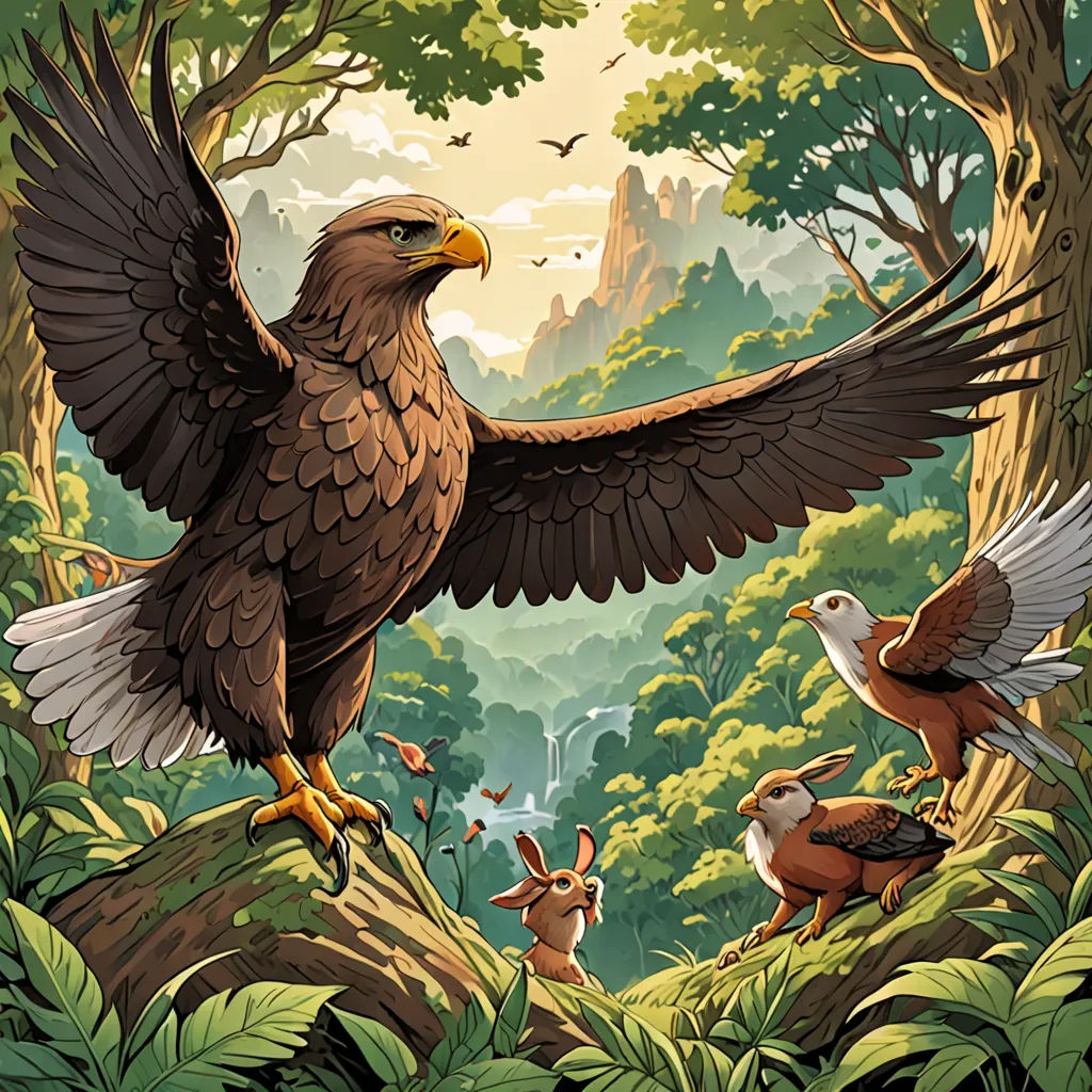 a bird with wings spread in the air above a forest filled with birds and deers, with a mountain in the background, fantasy art, a storybook illustration, Chris LaBrooy, high detail illustration