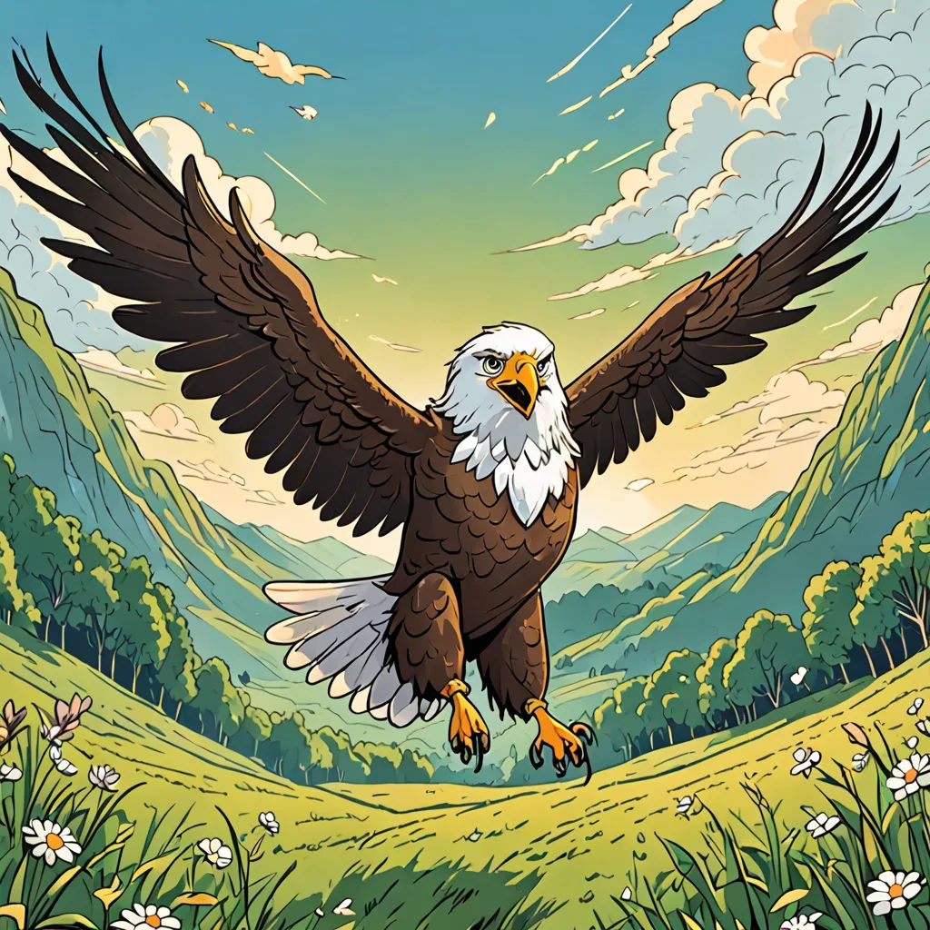 a bald eagle flying over a lush green field under a cloudy sky with white flowers and a mountain range in the background, environmental art, a comic book panel, Chris LaBrooy, josan gonzales and dan mumford