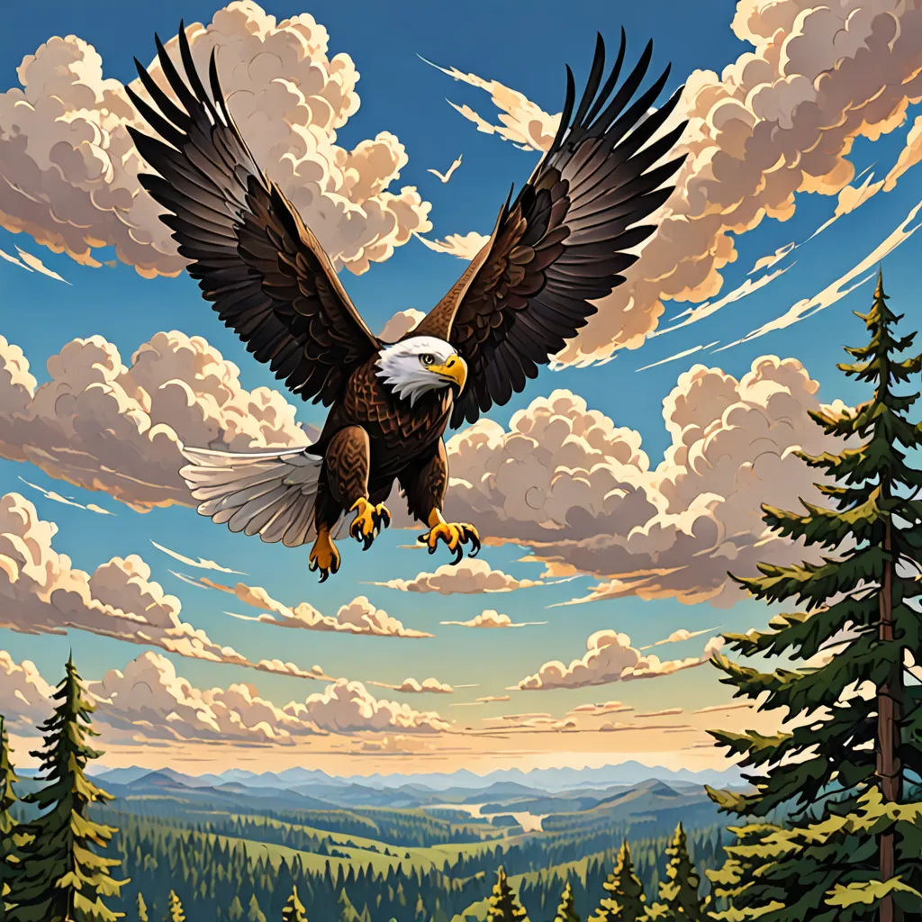 a painting of an eagle flying over a forest with clouds in the background and a mountain range in the foreground, american scene painting, an airbrush painting, Dan Mumford, highly detailed digital painting