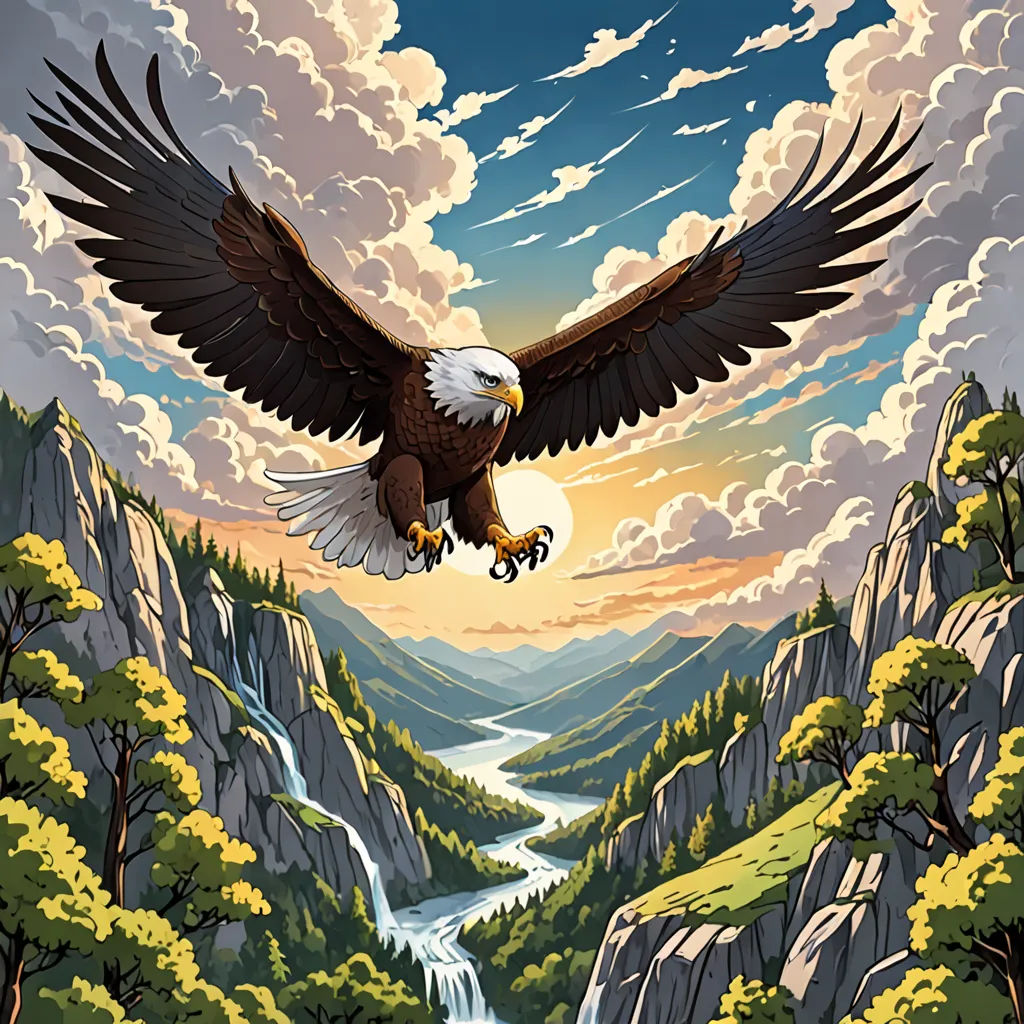 a painting of an eagle flying over a mountain range with a river below it and a waterfall below it, american scene painting, an airbrush painting, Dan Mumford, highly detailed digital art