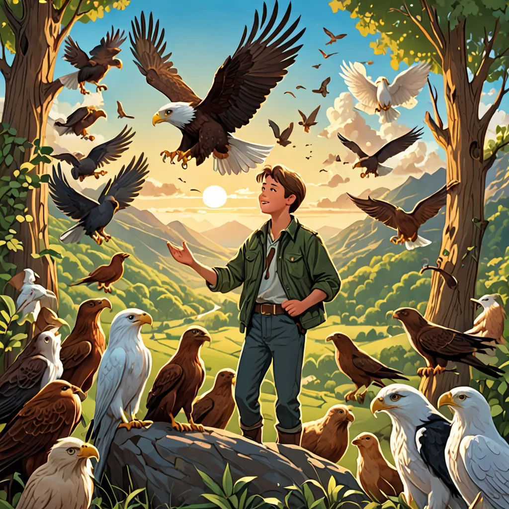 a man standing in front of a forest filled with birds of prey and birds of prey flying around him, american scene painting, a storybook illustration, Aaron Jasinski, book cover