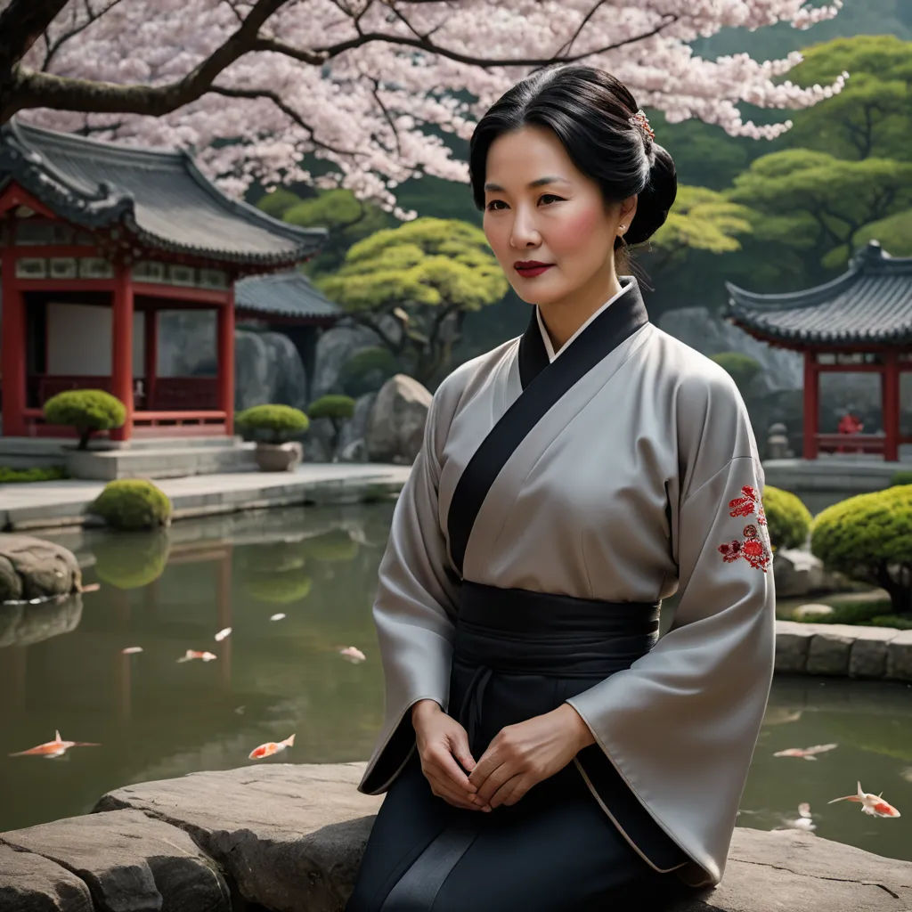 a woman in a kimono sitting on a rock in front of a pond with flowers and trees in the background, cloisonnism, a character portrait, Byeon Sang-byeok, cinematic photography