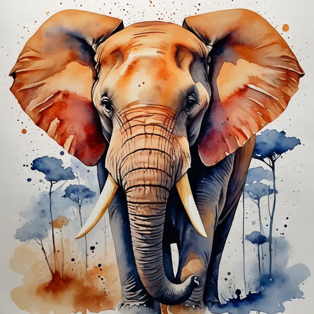 a painting of an elephant with tusks and a sky background with trees and clouds in the background, sumatraism, an airbrush painting, artist, highly detailed digital painting
