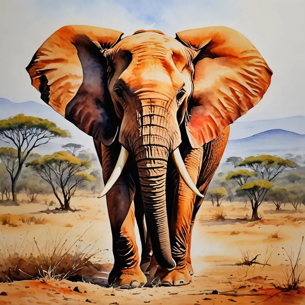 a painting of an elephant in the wild with trees in the background and a blue sky in the background, sumatraism, an airbrush painting, Amédée Ozenfant, intricate oil painting