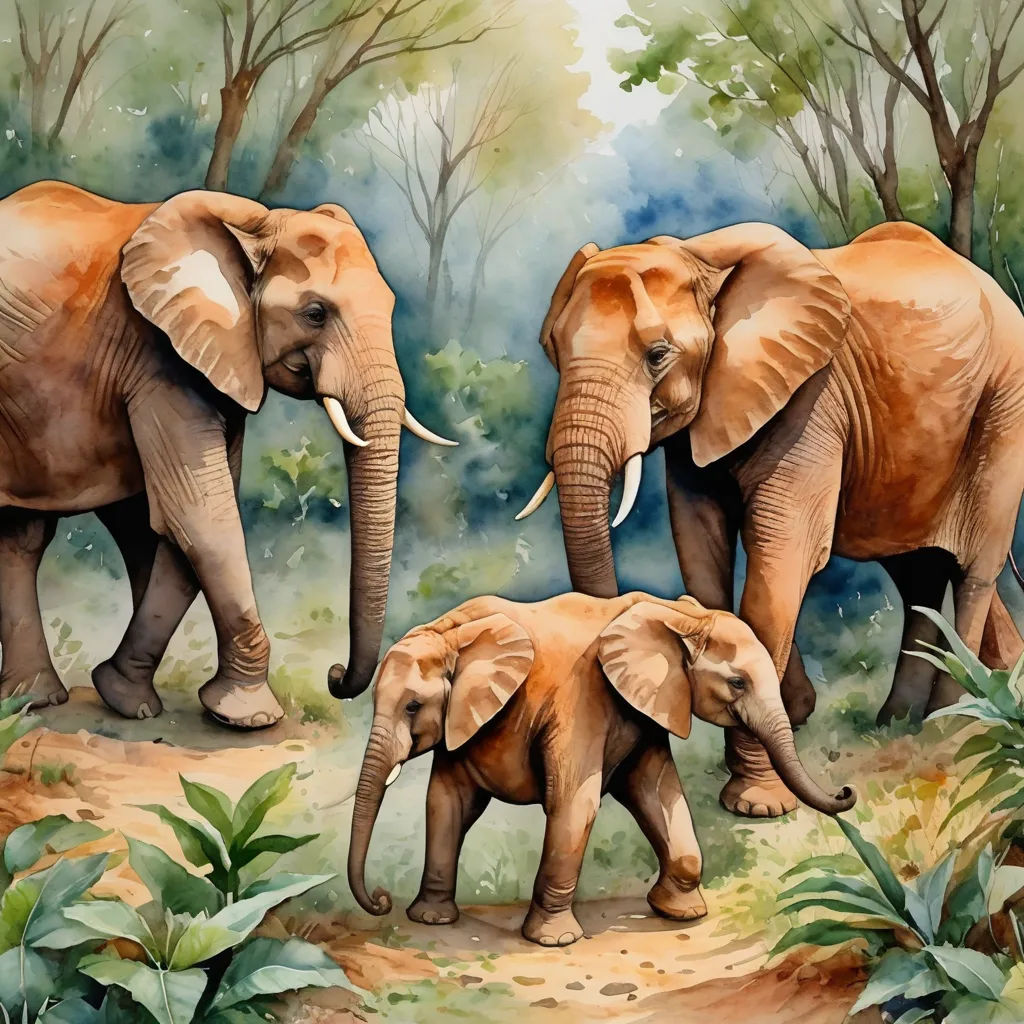 a painting of three elephants walking in the woods together with their baby ones in the foreground and a third elephant in the background, sumatraism, a watercolor painting, Art Brenner, oil painting