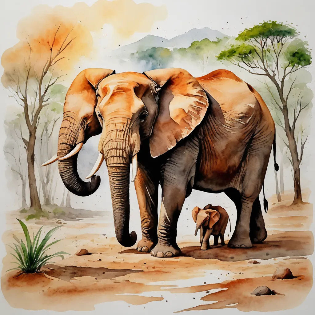 a painting of an elephant and its baby in a forest setting with trees and bushes in the background, with a yellow sky, sumatraism, an airbrush painting, Amédée Ozenfant, highly detailed digital painting