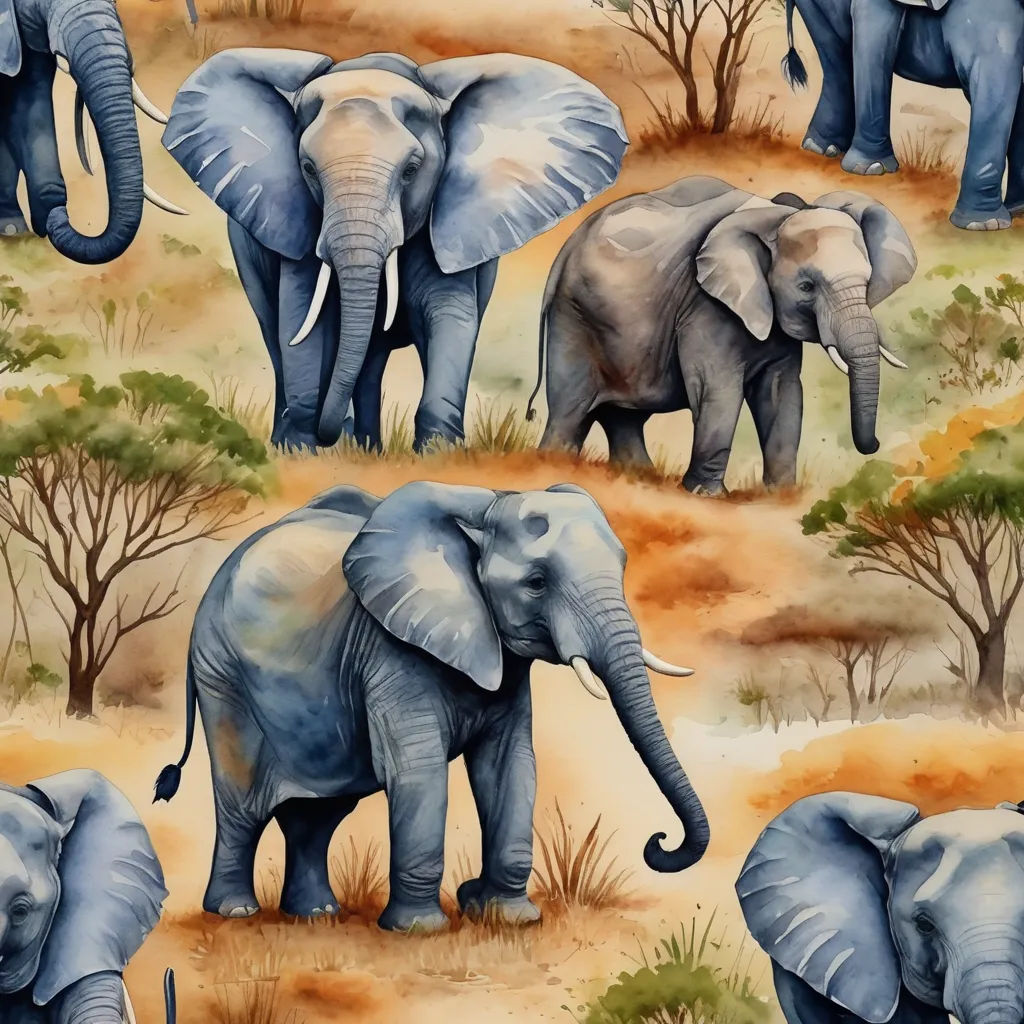 a painting of elephants in a field with trees and bushes in the background, with a blue sky and brown ground, naive art, a detailed painting, Chris LaBrooy, highly detailed digital painting