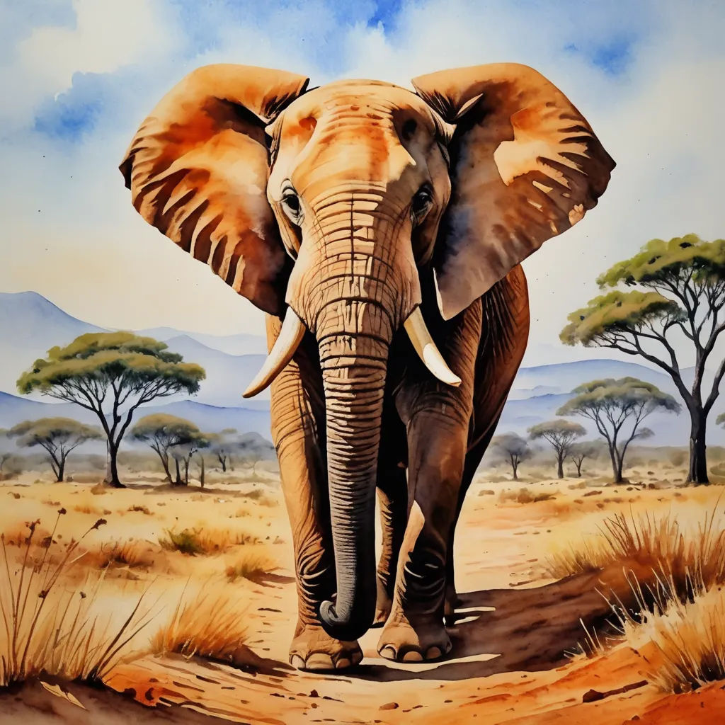 a painting of an elephant walking in the desert with trees in the background and a blue sky with clouds, sumatraism, an airbrush painting, Amédée Ozenfant, intricate oil painting