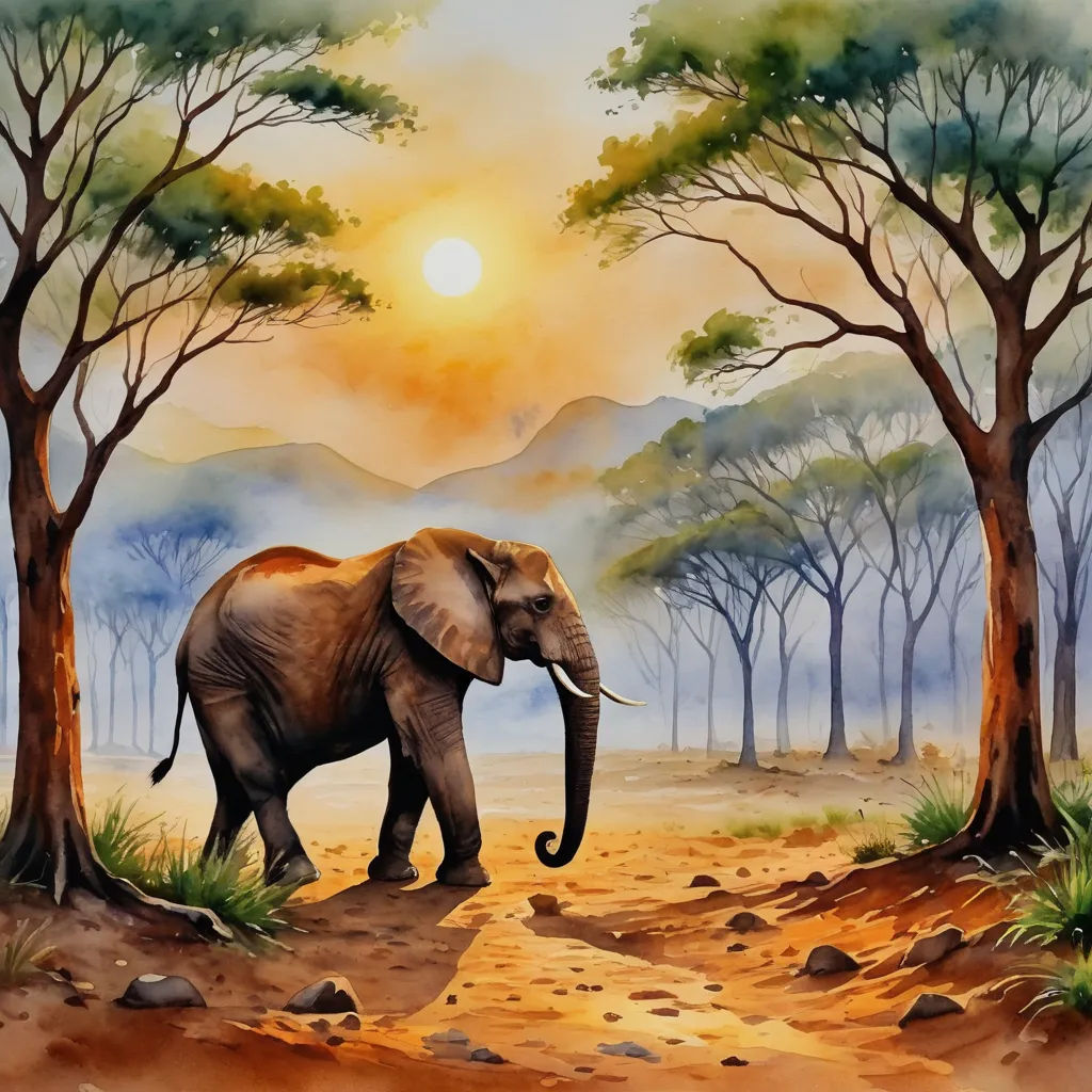 a painting of an elephant walking through a forest with trees and a sunset in the background, with a mountain range in the distance, magic realism, an airbrush painting, Amédée Ozenfant, intricate oil painting