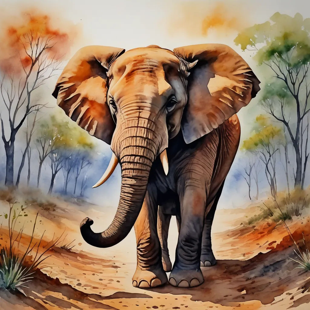 a painting of an elephant walking in the dirt with trees in the background and a sky background with clouds, sumatraism, an airbrush painting, Amédée Ozenfant, soft painting
