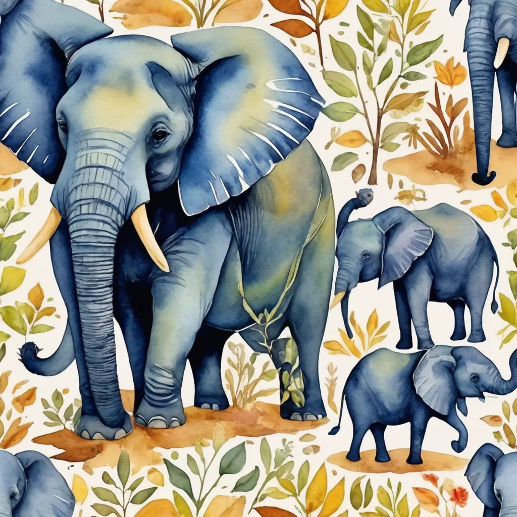 a painting of elephants and baby elephants in a field of leaves and flowers on a white background with orange and blue colors, folk art, a watercolor painting, Claire Hummel, in gouache detailed paintings