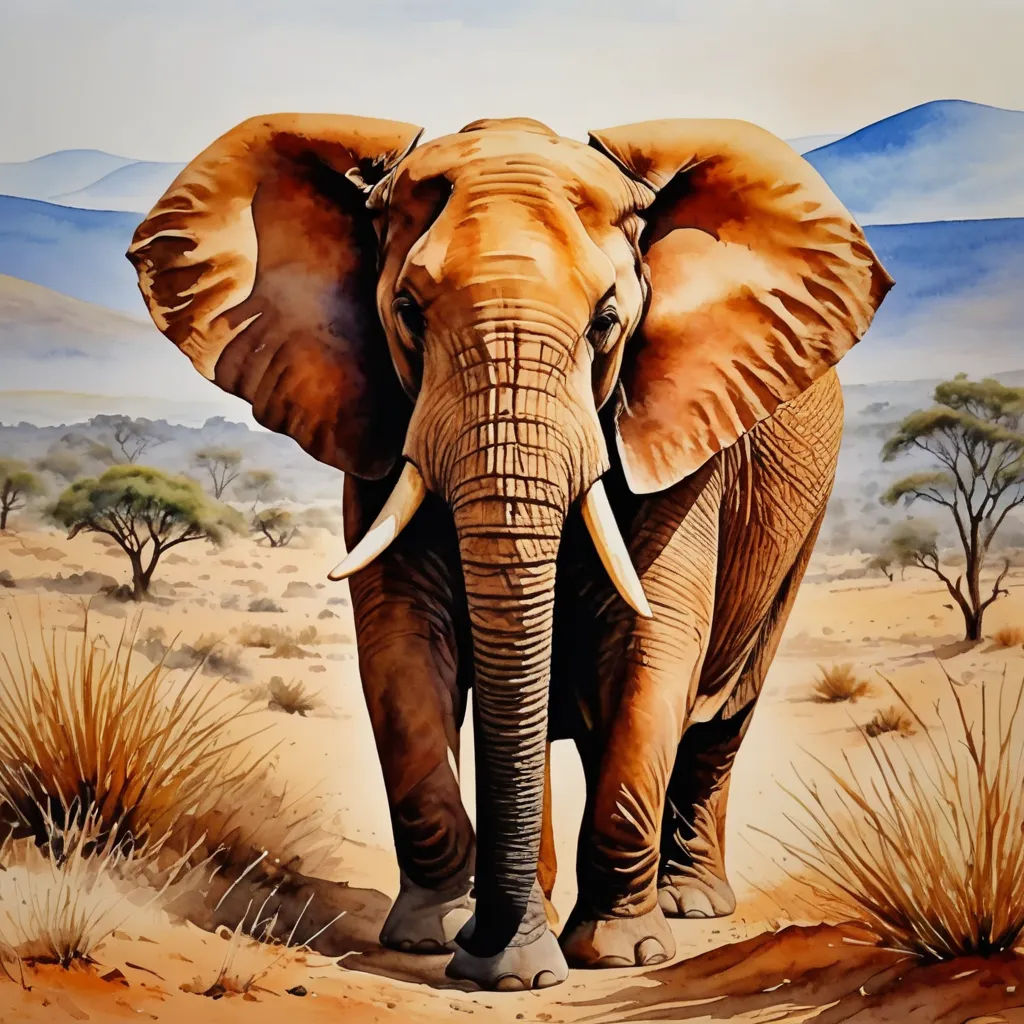 a painting of an elephant in the desert with mountains in the background and a blue sky in the background, sumatraism, an airbrush painting, Amédée Ozenfant, highly detailed oil painting