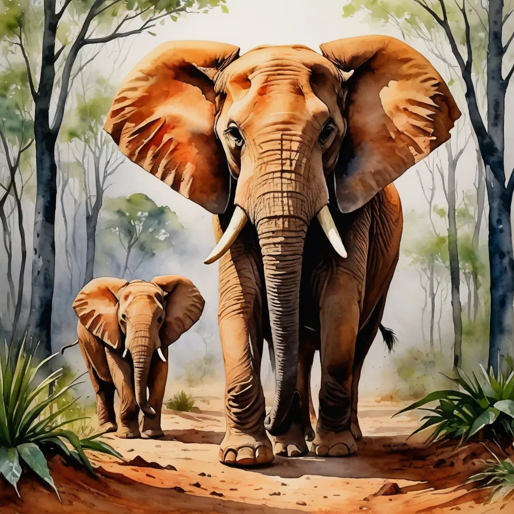 a painting of an elephant and her baby in the woods with trees in the background and a baby elephant walking behind them, sumatraism, an airbrush painting, Art Brenner, oil painting