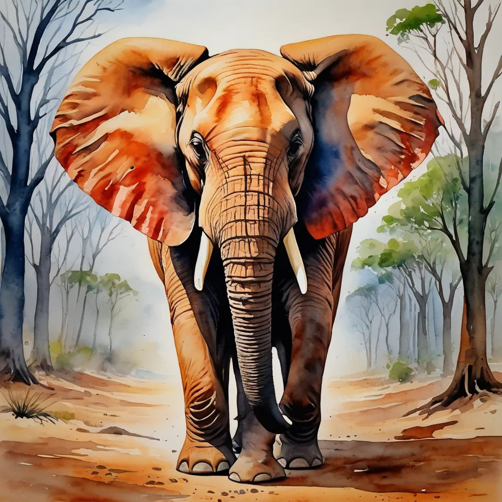a painting of an elephant walking through a forest with trees in the background and a blue sky in the background, sumatraism, an airbrush painting, Amédée Ozenfant, highly detailed digital painting