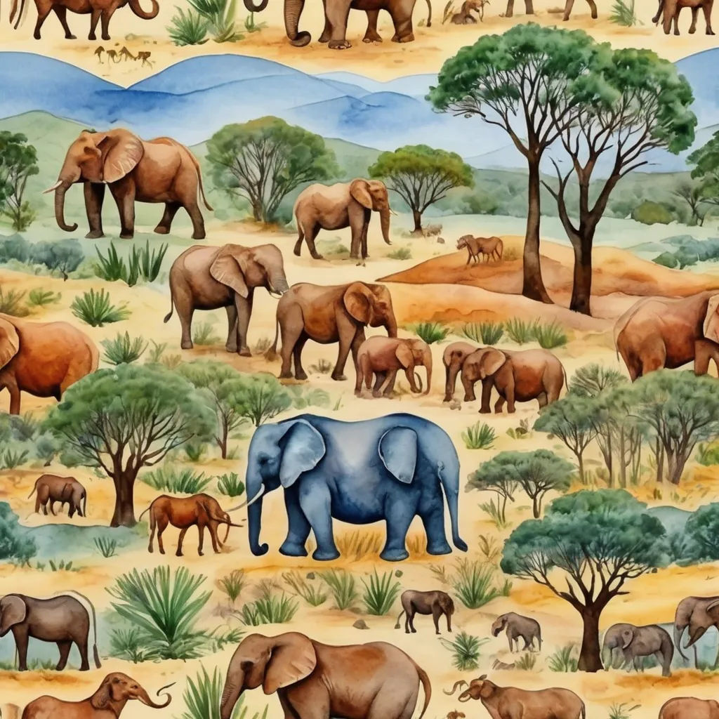 a painting of elephants and other animals in a field of grass and trees with mountains in the background and a blue sky, naive art, a detailed painting, Chris LaBrooy, detailed painting