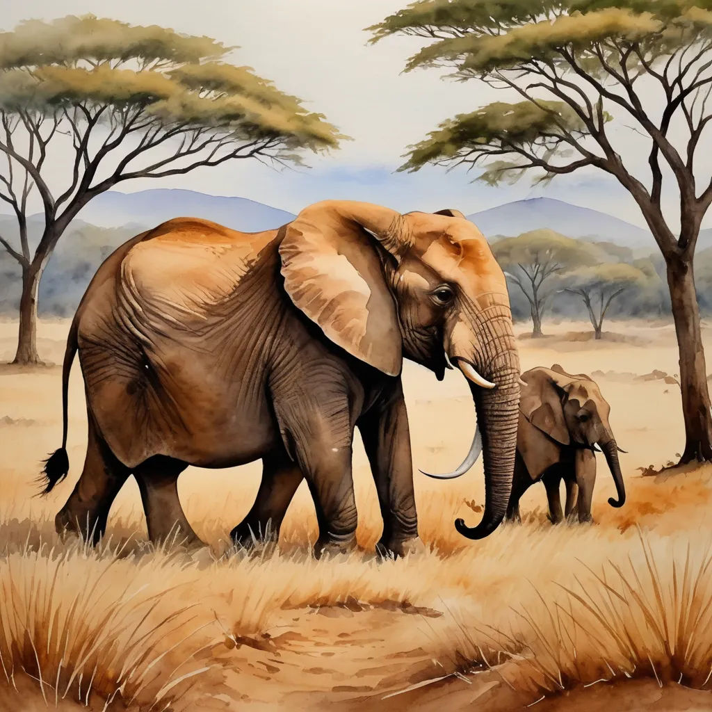 a painting of two elephants walking in a field with trees in the background and a sky background with clouds, fantastic realism, an airbrush painting, Amédée Ozenfant, oil painting