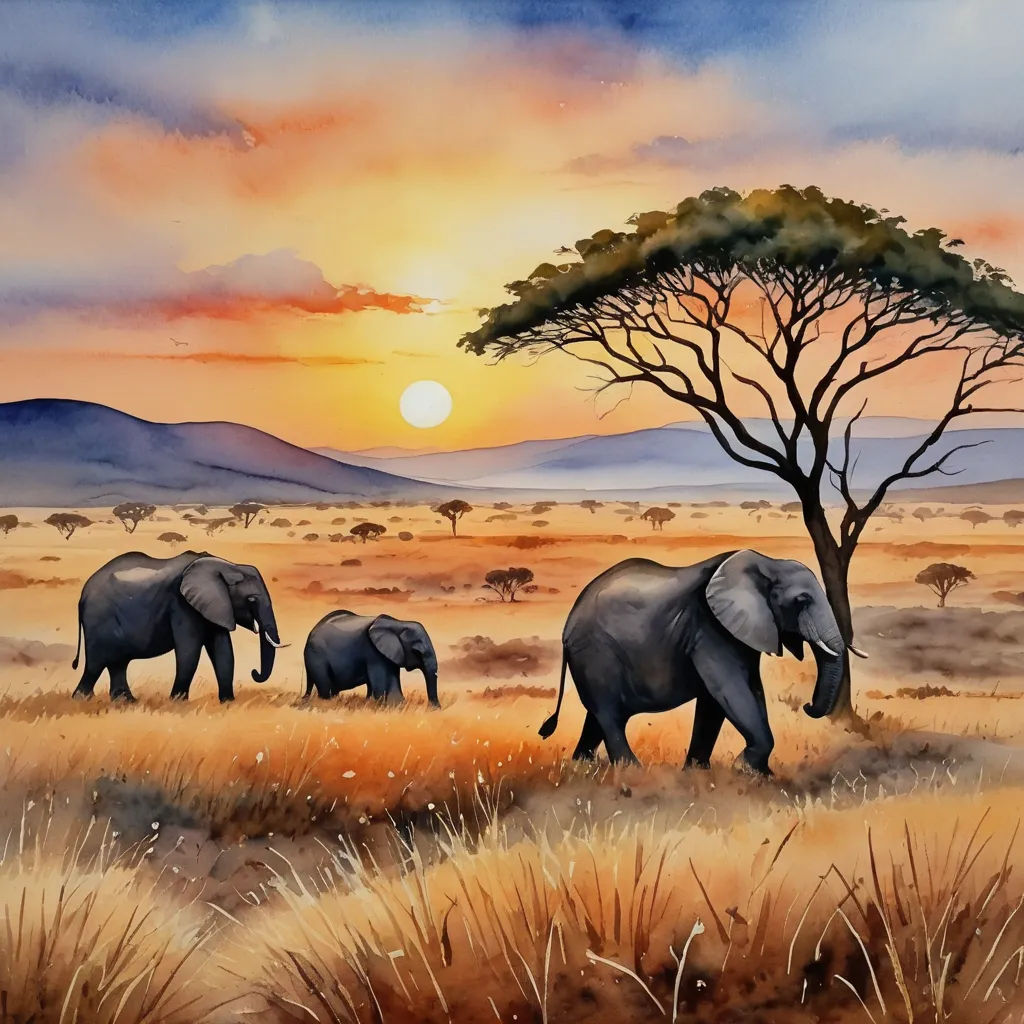 a painting of elephants walking in a field at sunset with a tree in the background and a setting sun in the sky, american scene painting, a watercolor painting, Art Brenner, watercolor