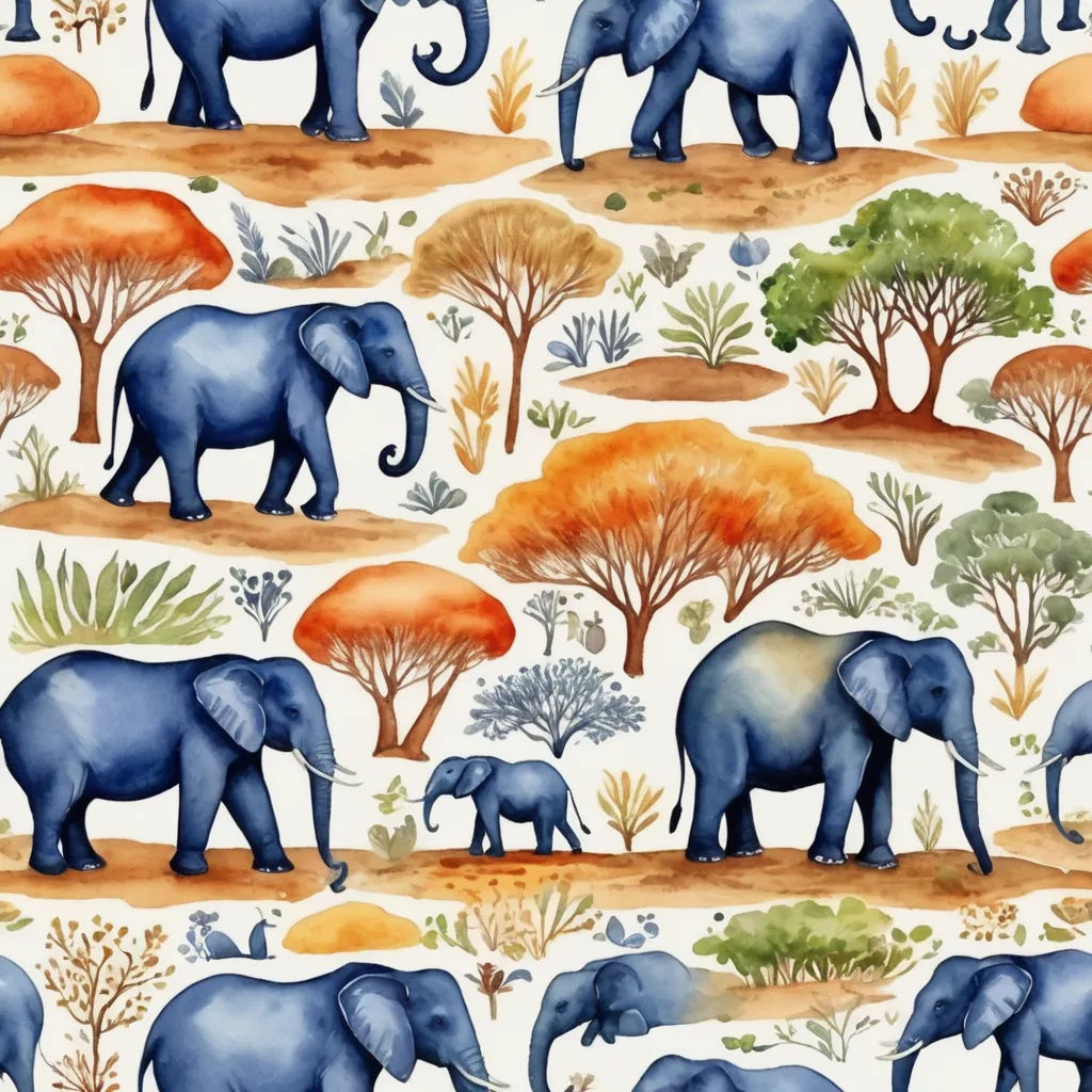 a watercolor pattern of elephants and trees with the word mr and mrs on them in blue and orange, naive art, a storybook illustration, Annabel Kidston, jungle