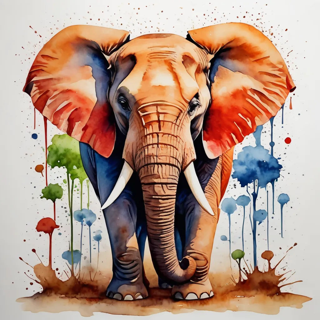 a painting of an elephant with watercolor paint splatters on it's face and trunk, with a white background, psychedelic art, an airbrush painting, Amédée Ozenfant, highly detailed digital painting