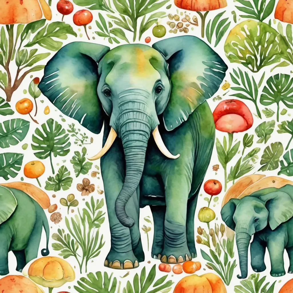 a painting of an elephant and its baby in a forest of leaves and mushrooms with mushrooms and mushrooms on the ground, naive art, a storybook illustration, Chris LaBrooy, in gouache detailed paintings