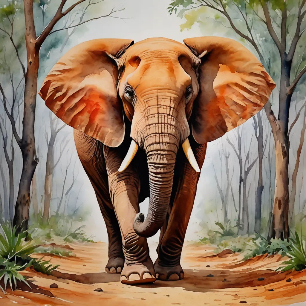 a painting of an elephant walking through a forest with trees and bushes in the background, with a white sky and clouds, sumatraism, an airbrush painting, Amédée Ozenfant, highly detailed digital painting