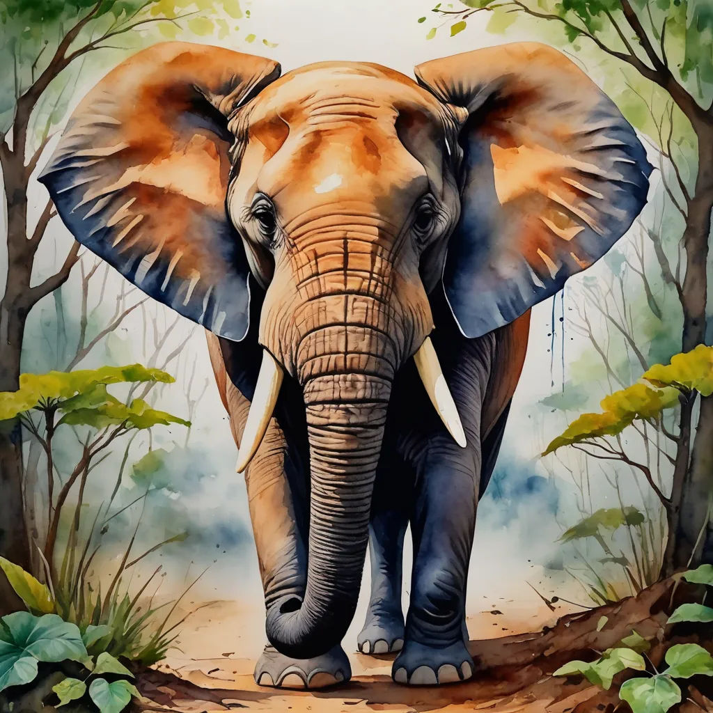 an elephant is standing in the middle of a forest with trees and bushes around it, with a blue sky in the background, sumatraism, an airbrush painting, Amédée Ozenfant, highly detailed digital painting
