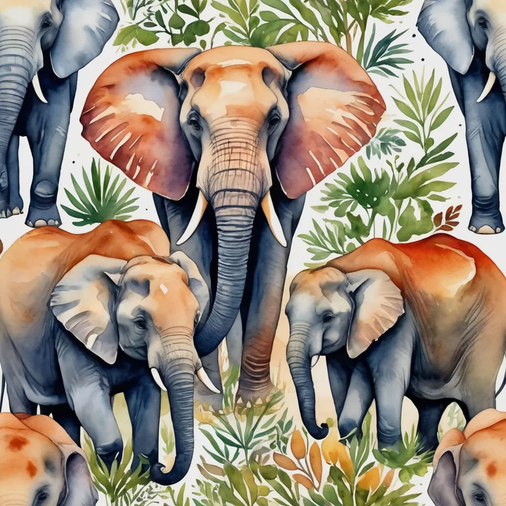 a watercolor painting of elephants and plants on a white background with orange and gray colors and a white background with green leaves, maximalism, a watercolor painting, Chris LaBrooy, in gouache detailed paintings