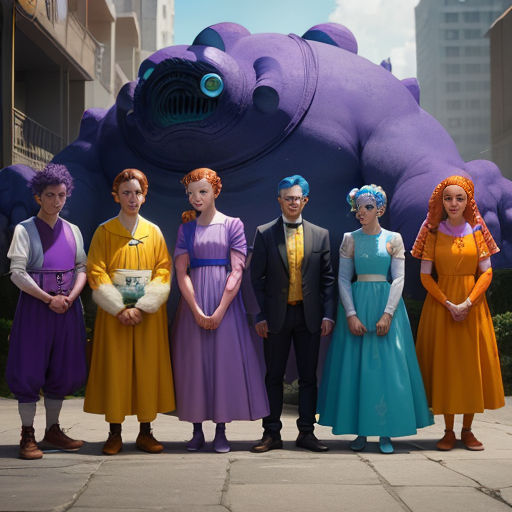 a group of people standing in front of a giant purple monster statue in a city street with buildings in the background