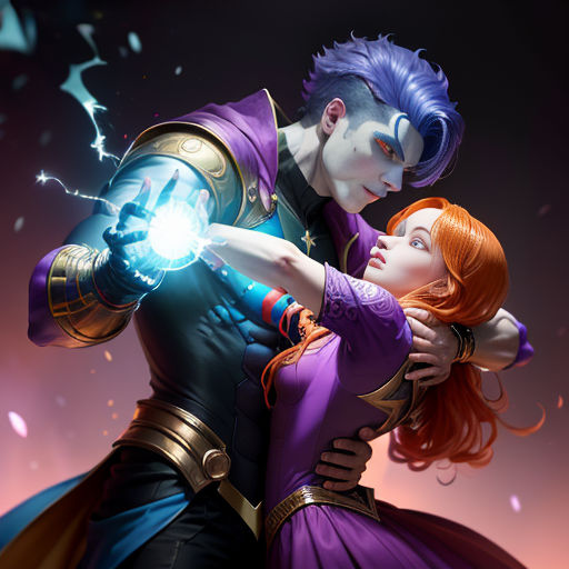 a man and woman dressed in costume and holding a glowing light ball in their hands, with a purple dress and purple hair